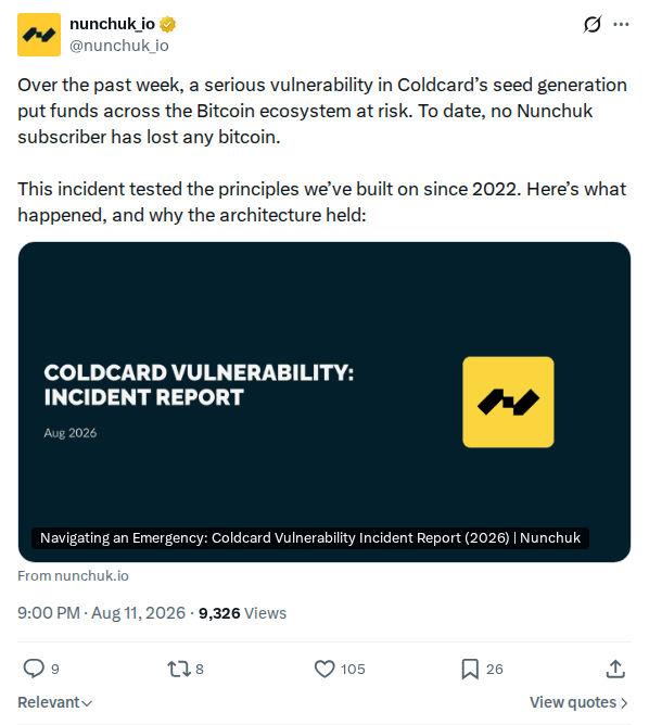 Captured screenshot: Nunchuk reports no subscriber losses and explains why its architecture held