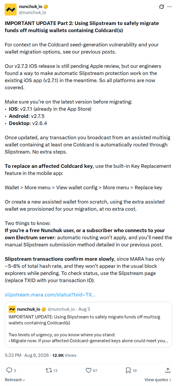 Captured screenshot: Automatic Slipstream protection for multisig migration