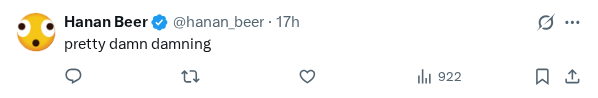 Captured screenshot of the reply by @hanan_beer