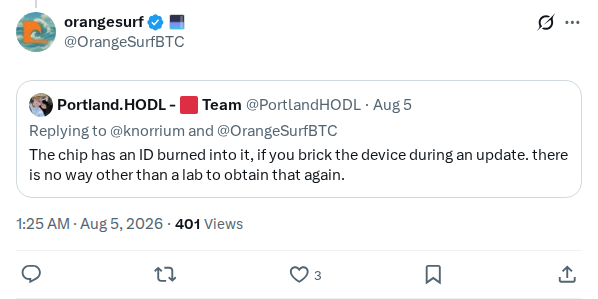Captured screenshot: OrangeSurf warns that bricked COLDCARD device IDs cannot be recovered outside a lab