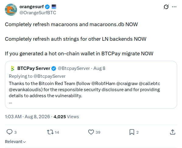 Captured screenshot: OrangeSurf advises BTCPay Server operators to refresh macaroons and migrate hot wallets