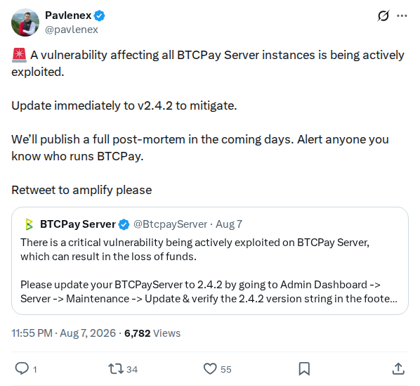 Captured screenshot: BTCPay Server active exploitation warning