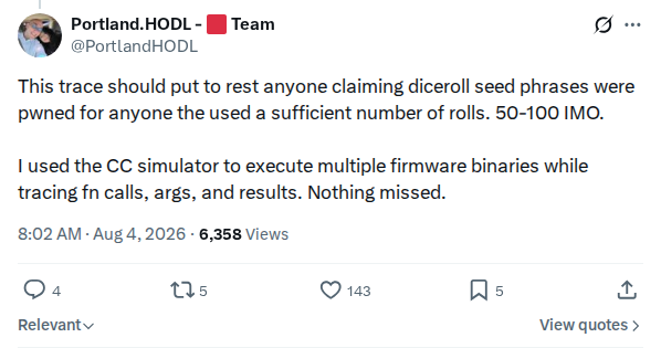 Captured screenshot: Simulator trace claim for dice-roll seed entropy