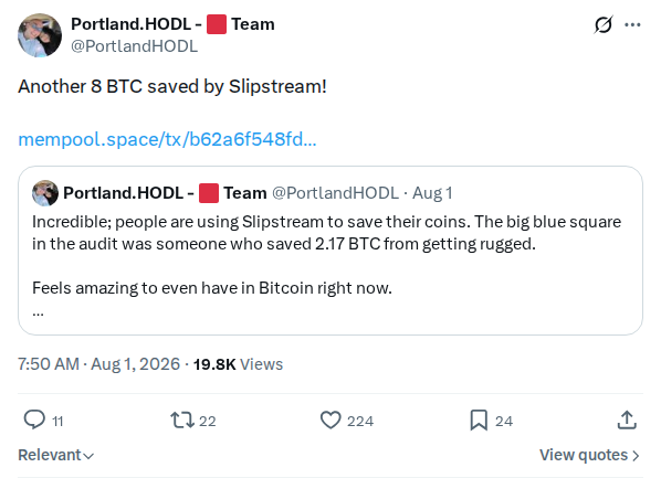 Captured screenshot: Reported 8 BTC saved through Slipstream