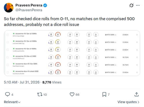 Captured screenshot: Dice-roll seed check result