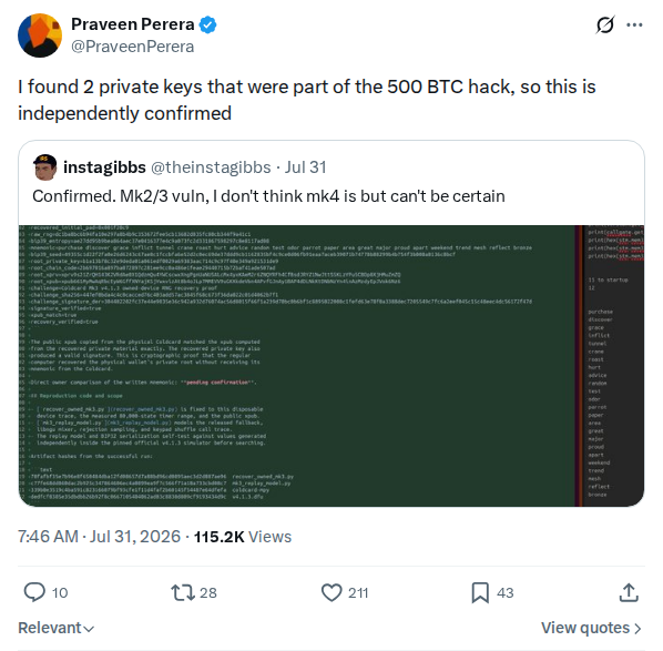Captured screenshot: Independent key-recovery confirmation