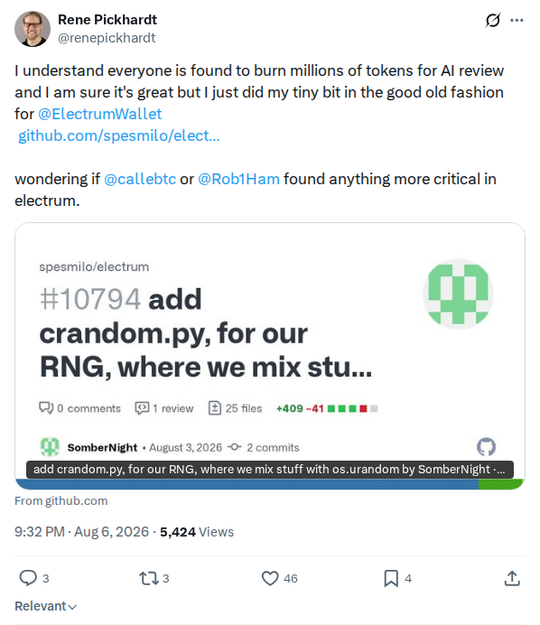 Captured screenshot: Manual Electrum review offered against the AI sweep