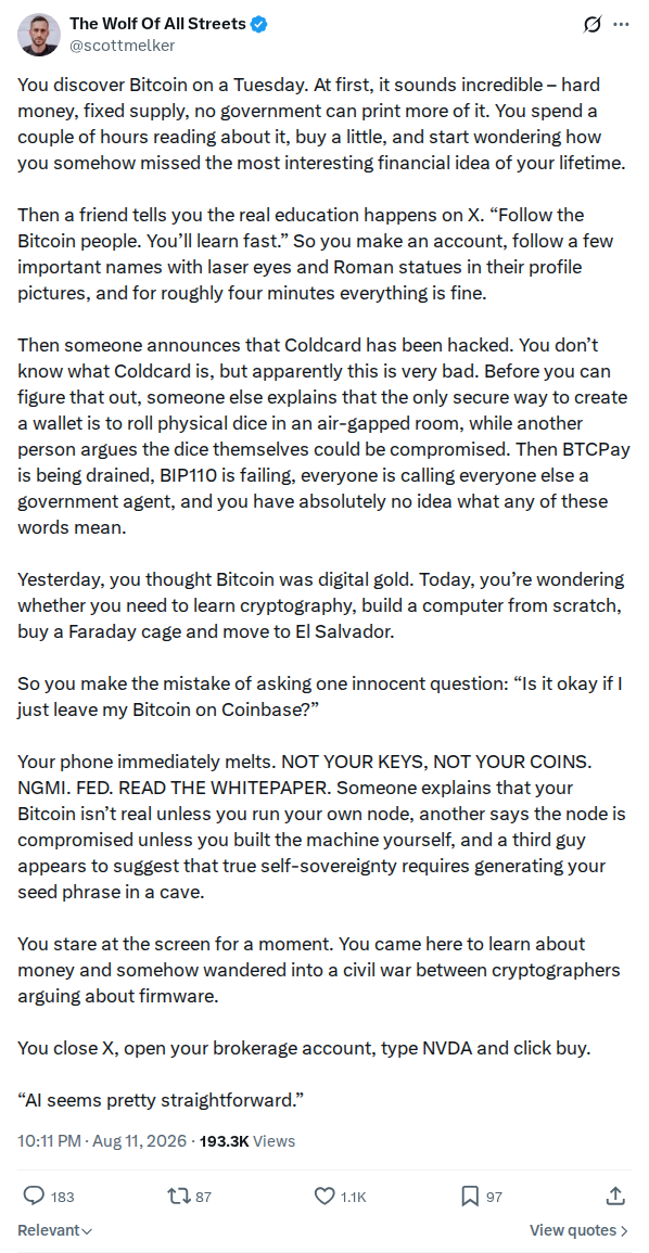 Captured screenshot: Scott Melker satirizes a newcomer’s view of the Coldcard panic