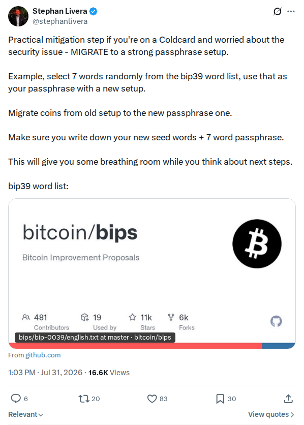Captured screenshot: Stephan Livera recommends passphrase migration as mitigation