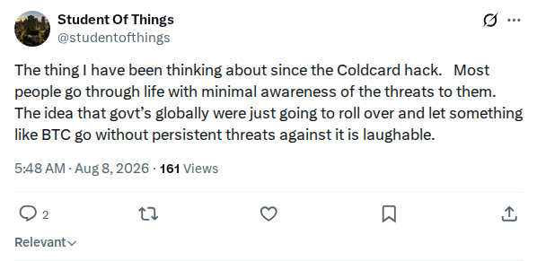 Captured screenshot: Government threats to Bitcoin after Coldcard hack