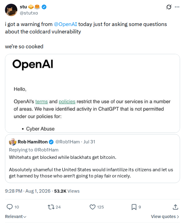 Captured screenshot: Frontier-model warning for asking about the bug