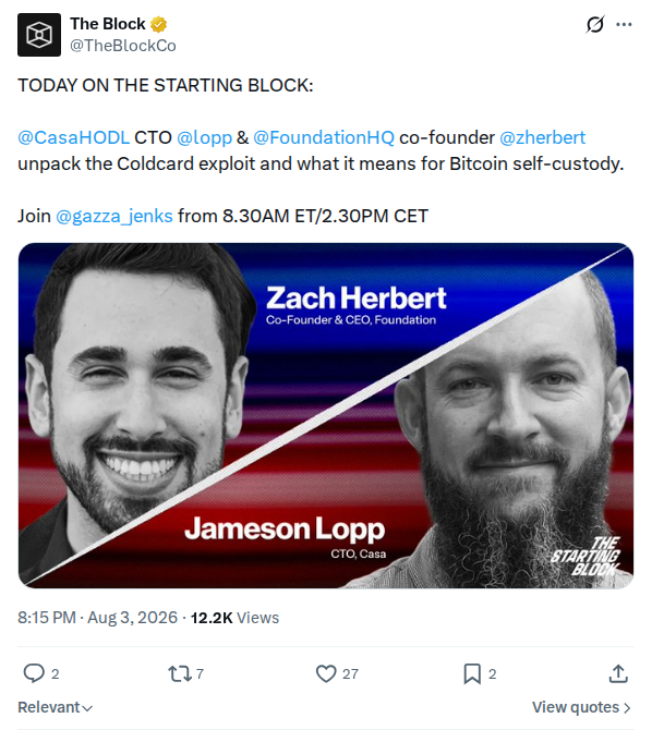 Captured screenshot: The Starting Block episode on the Coldcard exploit and self-custody