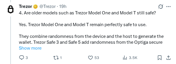 Captured screenshot of the post by @Trezor