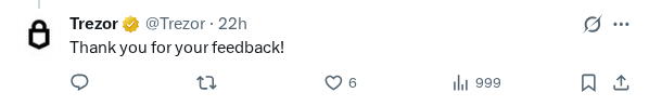 Captured screenshot of the reply by @Trezor