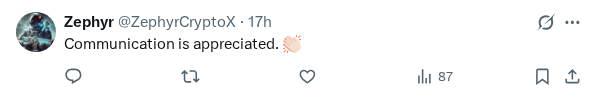 Captured screenshot of the reply by @ZephyrCryptoX