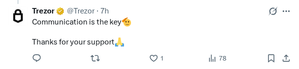 Captured screenshot of the reply by @Trezor