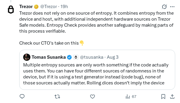 Captured screenshot of the reply by @Trezor