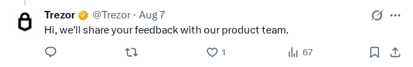 Captured screenshot of the reply by @Trezor
