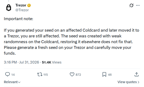 Captured screenshot: Affected seeds remain affected after moving to Trezor