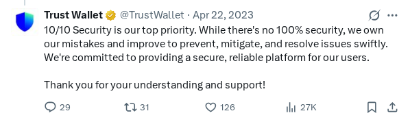 Captured screenshot of the post by @TrustWallet