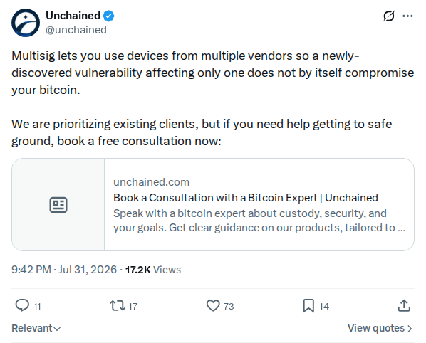 Captured screenshot: Unchained multisig vendor-diversification guidance