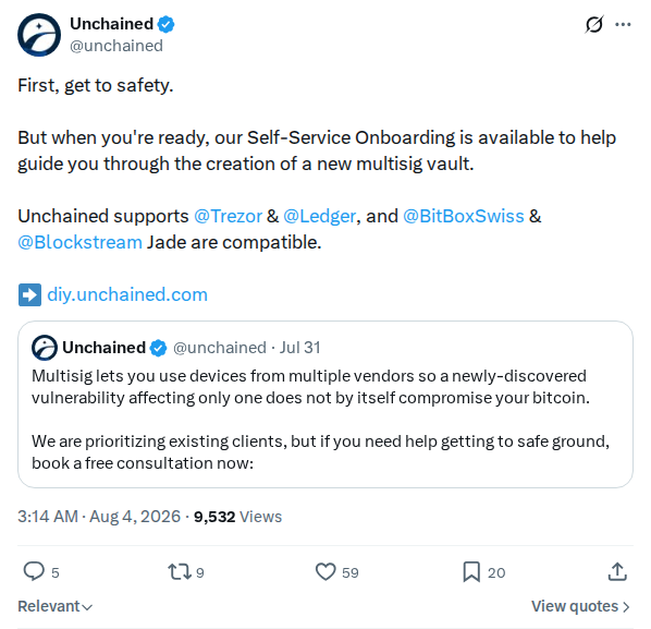 Captured screenshot: Self-service multisig onboarding offer