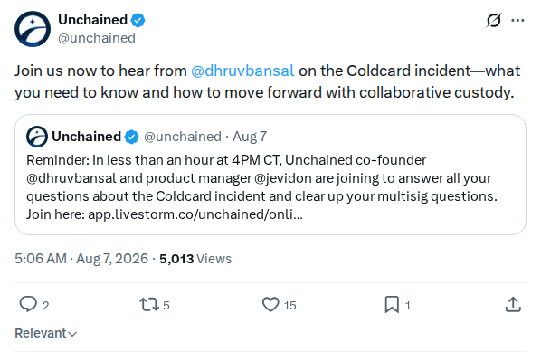 Captured screenshot: Unchained Coldcard webinar is live