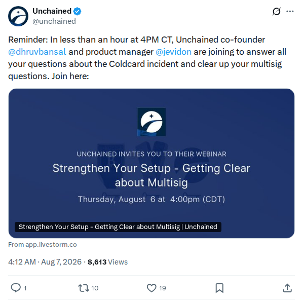 Captured screenshot: Unchained Coldcard webinar reminder