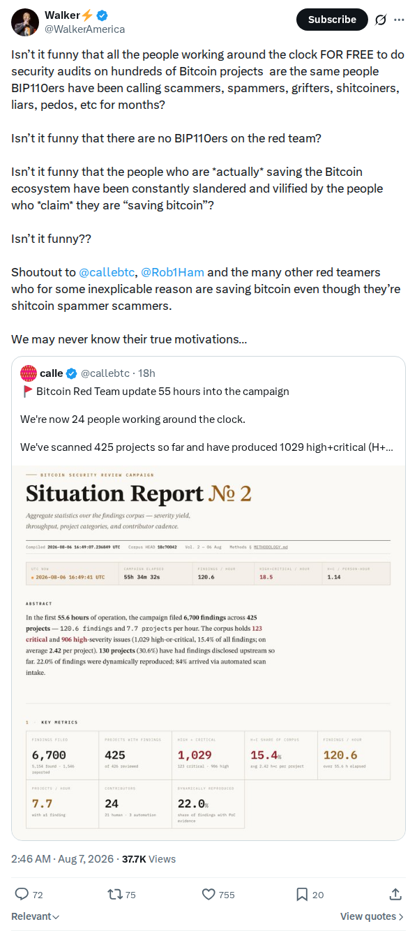 Captured screenshot: Red Team credit and the BIP110 factional split