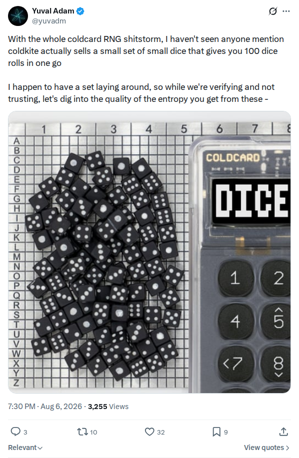 Captured screenshot: Independent check of Coinkite's 100-roll dice