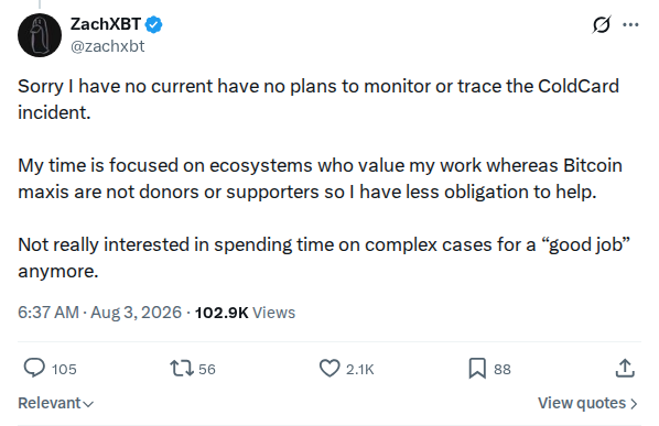 Captured screenshot: ZachXBT declines to trace