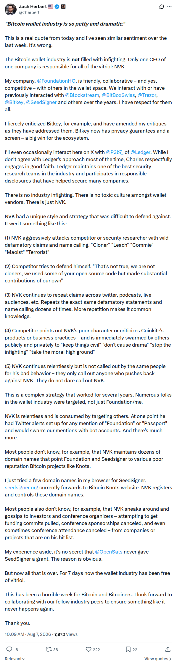 Captured screenshot: Foundation CEO on the source of wallet-industry vitriol