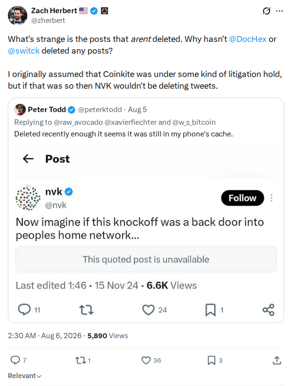 Captured screenshot: Zach Herbert on Coinkite deletion patterns and litigation hold