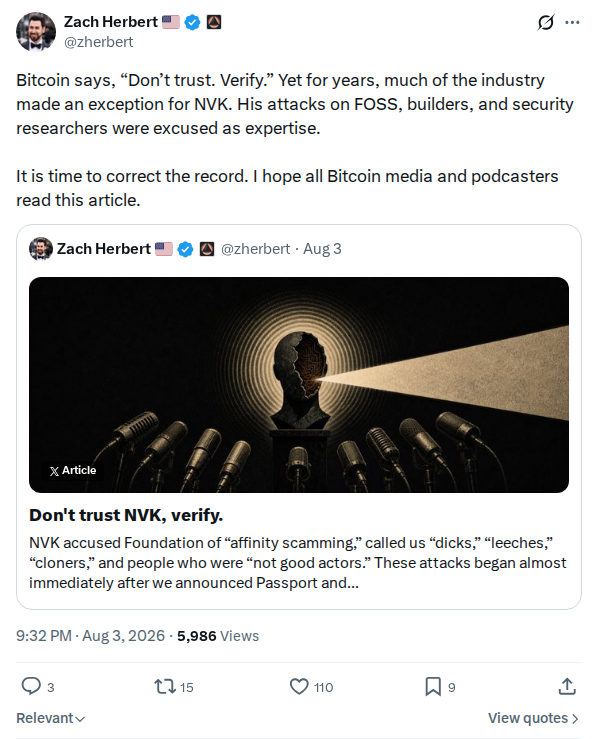 Captured screenshot: Zach Herbert says it is time to correct the record on NVK