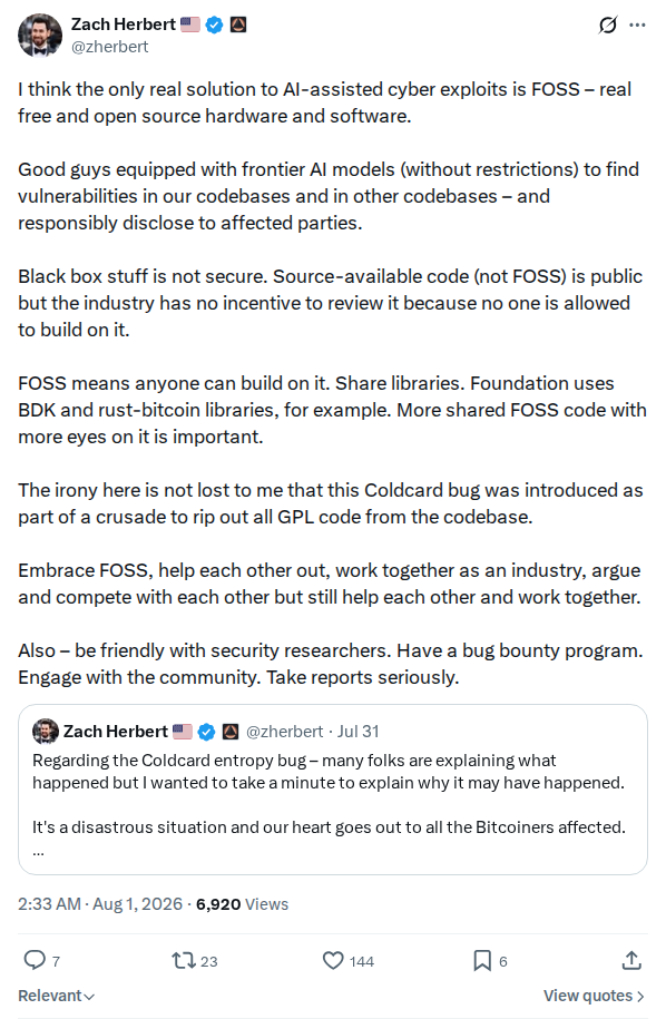 Captured screenshot: Zach Herbert argues FOSS is the real solution to AI-assisted cyber exploits