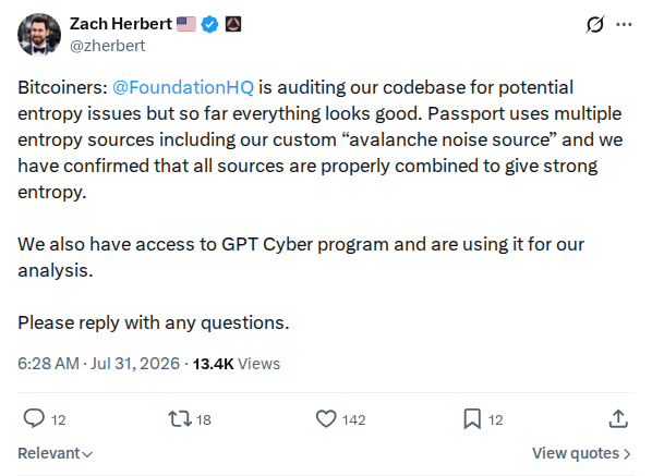 Captured screenshot: Zach Herbert reports Foundation's ongoing entropy audit status