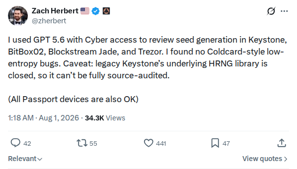 Captured screenshot: GPT 5.6 review of competitor wallet seed generation