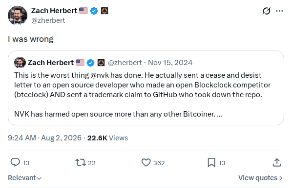 Captured screenshot: Zach Herbert says 'I was wrong'