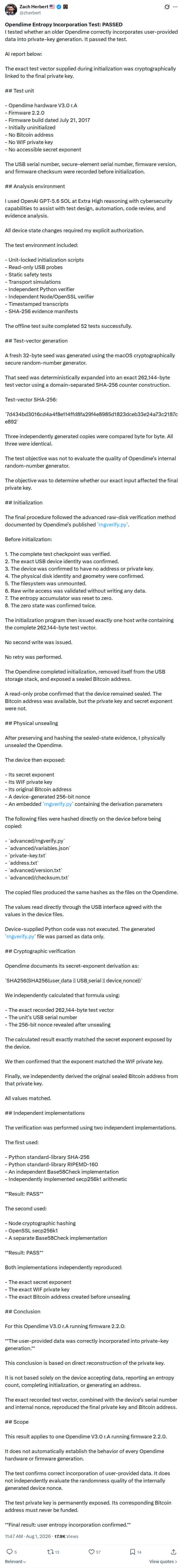 Captured screenshot: OPENDIME entropy-incorporation test