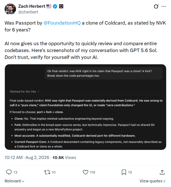 Captured screenshot: Zach Herbert reviews claim that Passport cloned Coldcard using AI